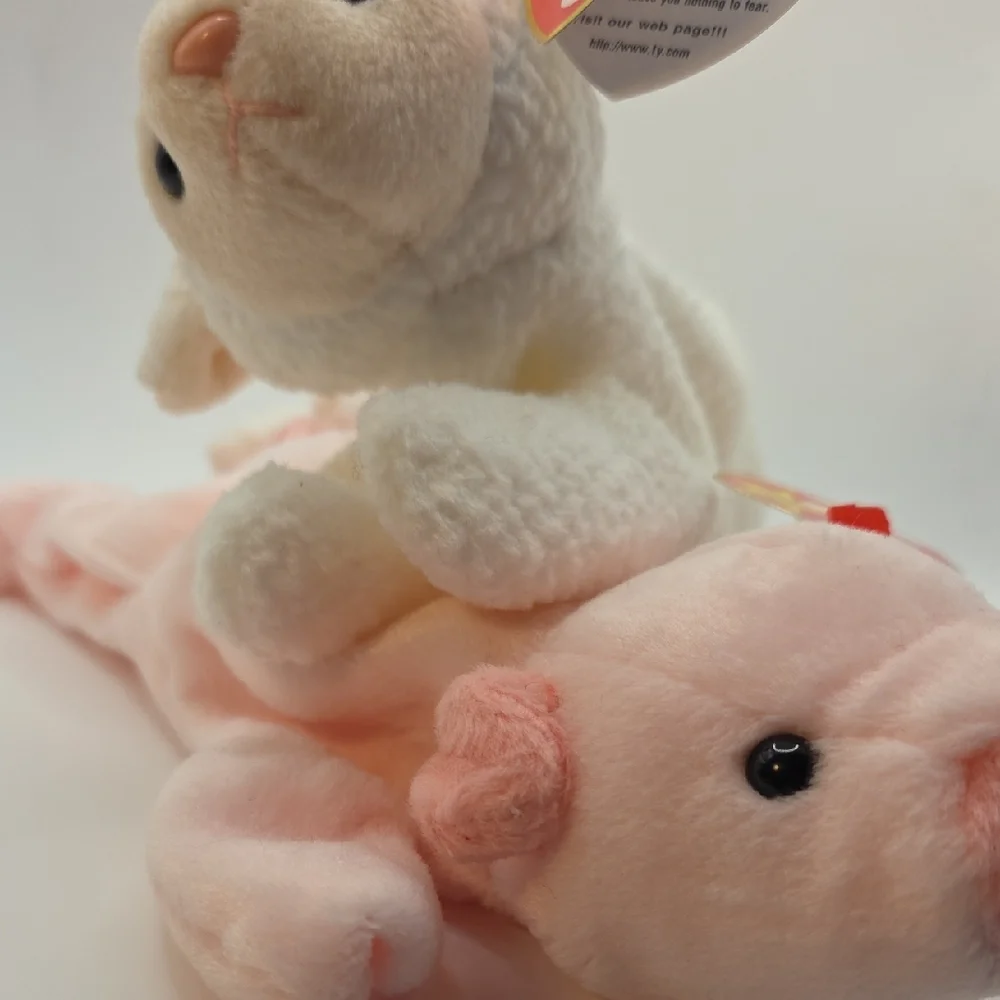 Ty Beanie Babies Spring Pair Squeeler The Pink Pig 1993 + Fleece The White Lamb
